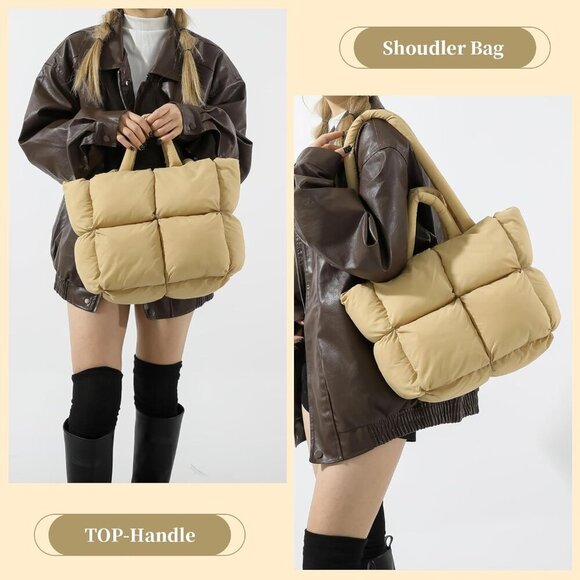 Women Puffer Tote Cotton Large Capacity Quilted Shoulder Handbag - Picture 6 of 7